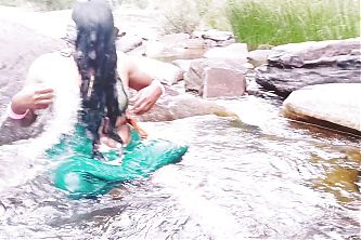 Telugu sexy Silk aunty outdoor waterfall bathing, telugu Dirty talks.